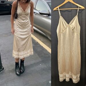 Vintage Champagne Satin & Lace Full Slip Nightgown - Lace Hem Details